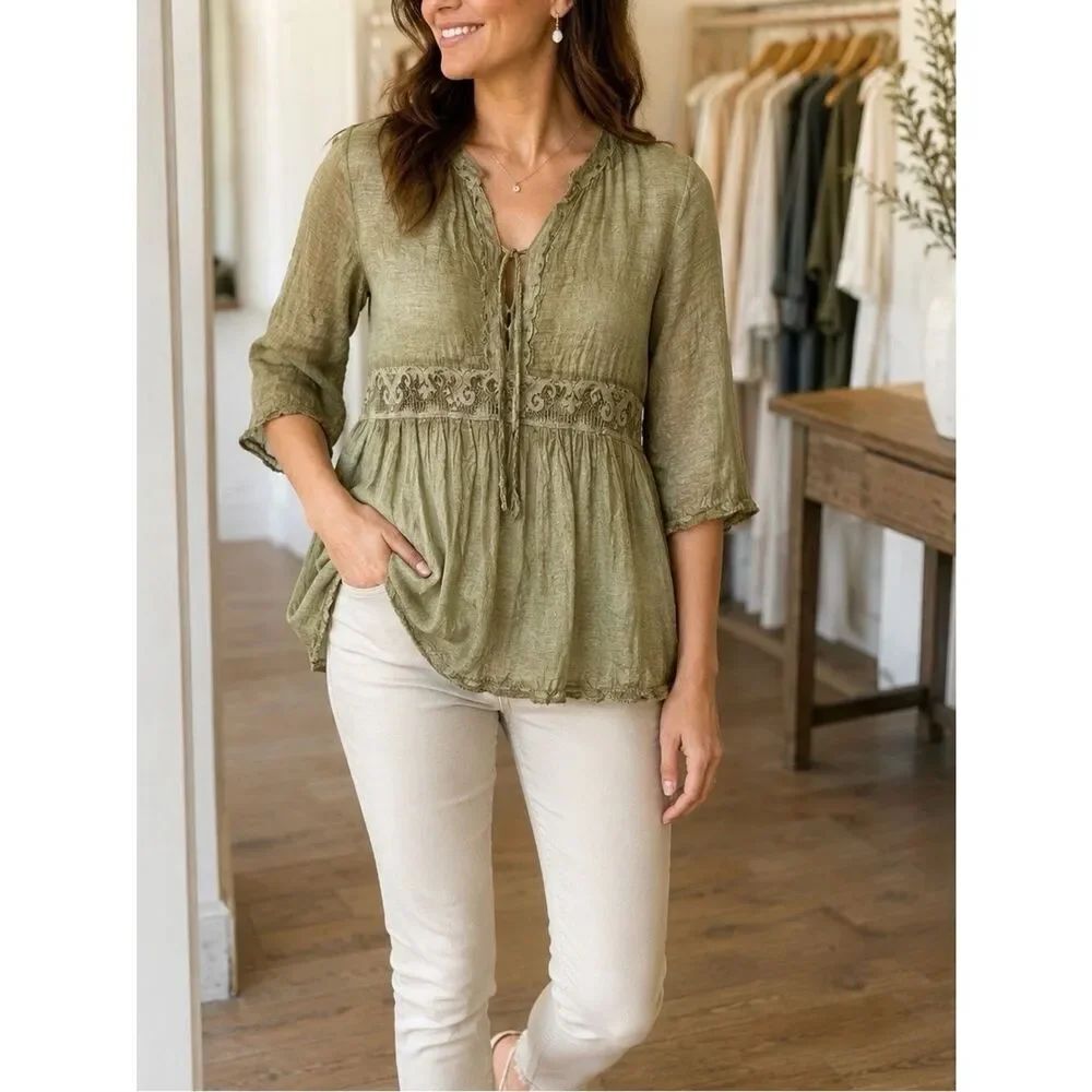 Sacred Threads Boho Cotton Silk 3/4 Sleeve Tunic Top Free Size